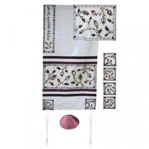 Raw Silk Tallit Set, Appliques Embroidered of Matriarchs & Pomegranates - Yair Emanuel