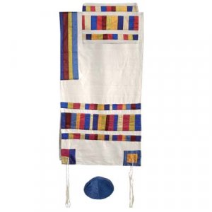 Multicolor Stripe, Embroidered Silk Applique on Prayer Shawl Set by Yair Emanuel