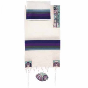 Yair Emanuel, Cotton Prayer Shawl Set with Hand Embroidered Jerusalem Images - Blue