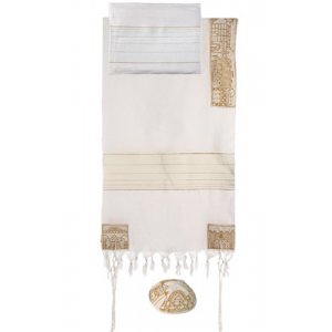 Yair Emanuel, Cotton Prayer Shawl Set with Hand Embroidered Jerusalem Images - Gold