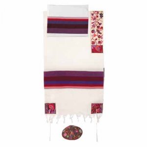 Yair Emanuel, Woven Cotton Prayer Shawl Set with Hand Embroidered Flowers and Matriarchs