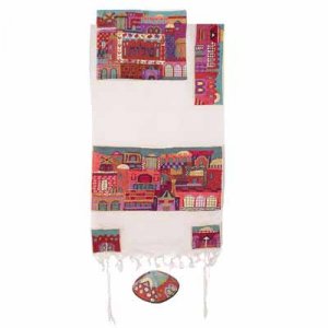 Woven Cotton Prayer Shawl Set Hand Embroidered Red Jerusalem Images - Yair Emanuel