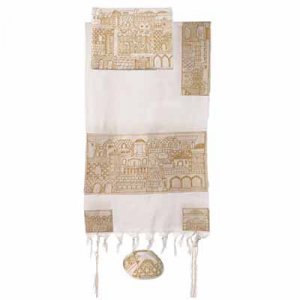 Woven Cotton Prayer Shawl Set Hand Embroidered Gold Jerusalem Images - Yair Emanuel