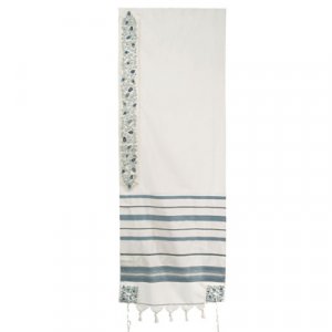 White Wool Prayer Shawl Set with Embroidered Pomegranates, Light Blue - Yair Emanuel