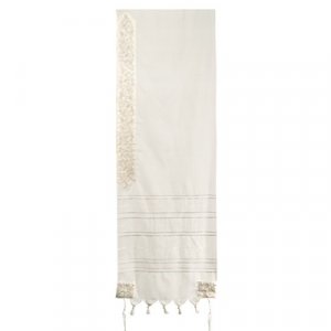 Wool Prayer Shawl - Embroidered Silver Pomegranates and Stripes - Yair Emanuel
