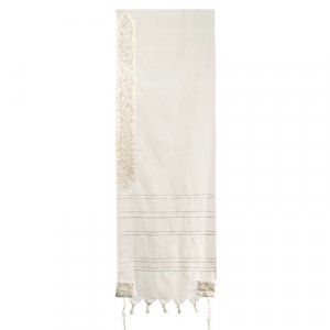 Wool Prayer Shawl - Embroidered Silver Pomegranates and Stripes - Yair Emanuel