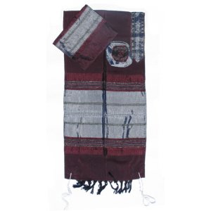 Maroon Handwoven Silk Tallit Prayer Shawl Set with Silver Stripes - Gabrieli