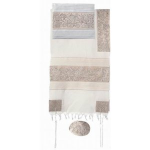 Hand Embroidered Cotton Prayer Shawl Set in Silver, Flowers Matriarchs - Yair Emanuel