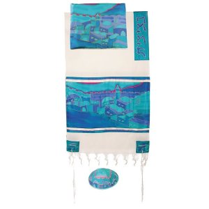 Yair Emanuel Woven Cotton Prayer Shawl Set, Turquoise - Jerusalem Views