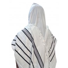 Acrylic Non-Slip Prayer Shawl, Checkerboard Textured Weave - Black and Silver Stripes