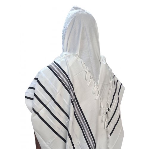 Acrylic Non-Slip Prayer Shawl, Checkerboard Textured Weave - Black and Silver Stripes