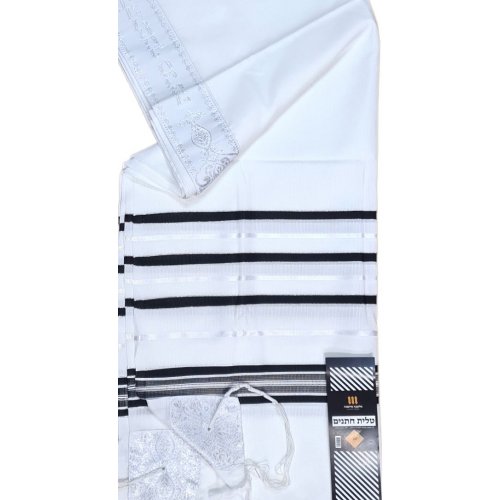 Acrylic Non-Slip Prayer Shawl, Checkerboard Textured Weave - Black and Silver Stripes