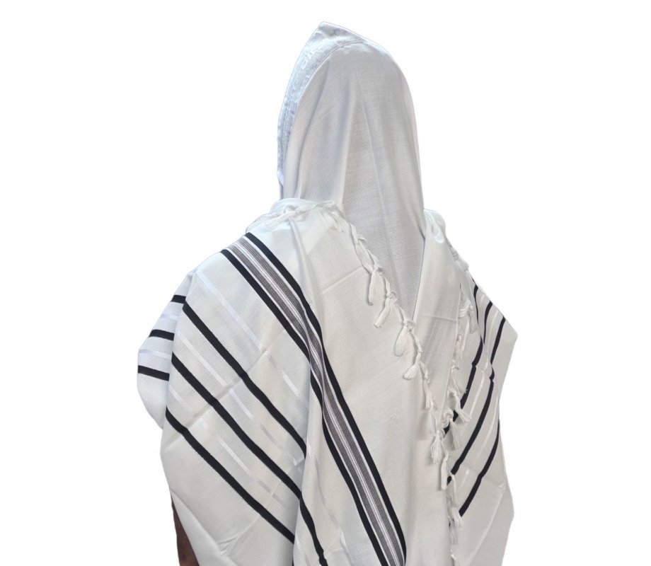 Acrylic Non-Slip Prayer Shawl, Checkerboard Textured Weave - Black and Silver Stripes