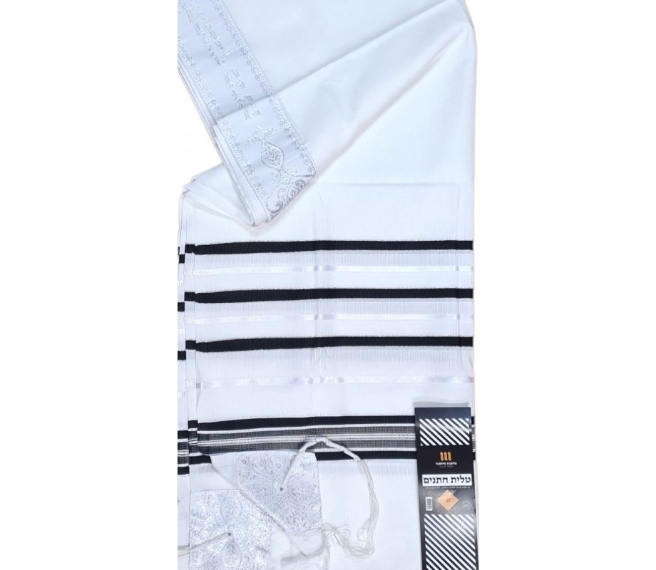 Acrylic Non-Slip Prayer Shawl, Checkerboard Textured Weave - Black and Silver Stripes