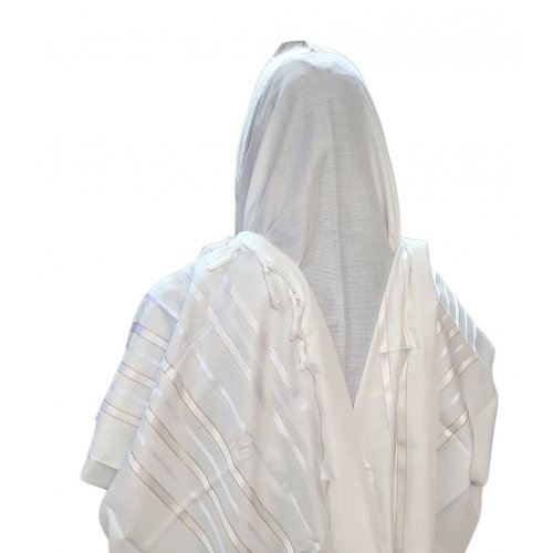 Acrylic Non-Slip Prayer Shawl, Checkerboard Textured Weave  White and Gold Stripes