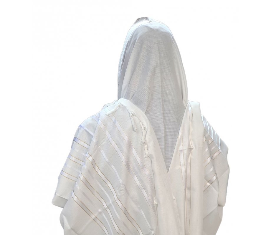 Acrylic Non-Slip Prayer Shawl, Checkerboard Textured Weave – White and Gold Stripes