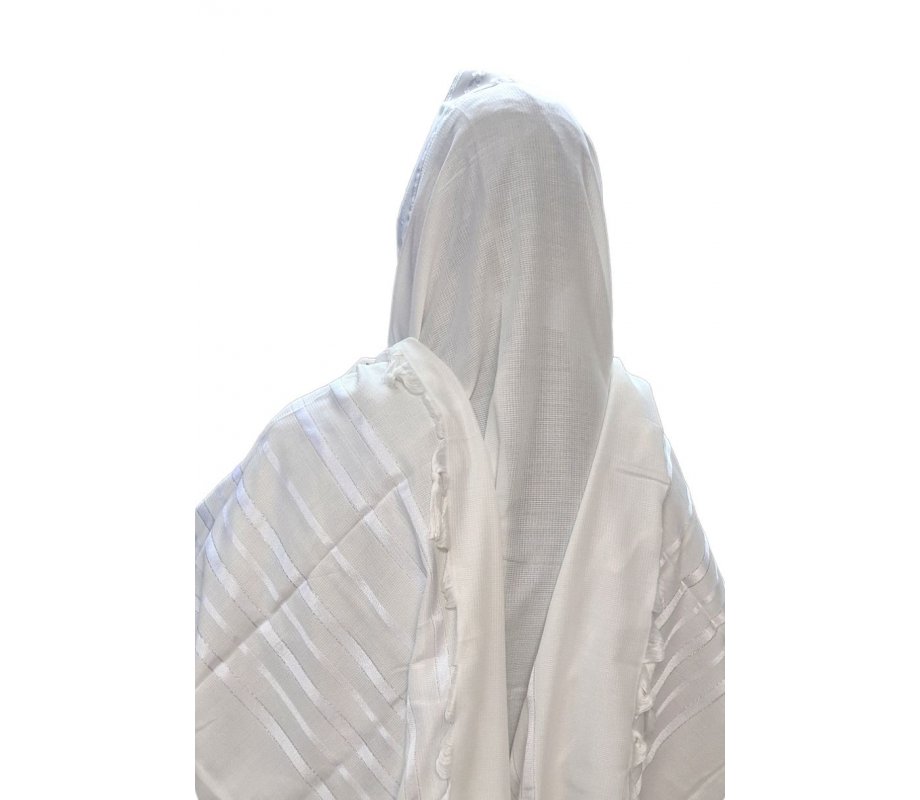 Acrylic Non-Slip Prayer Shawl, Checkerboard Textured Weave – White and Silver Stripes