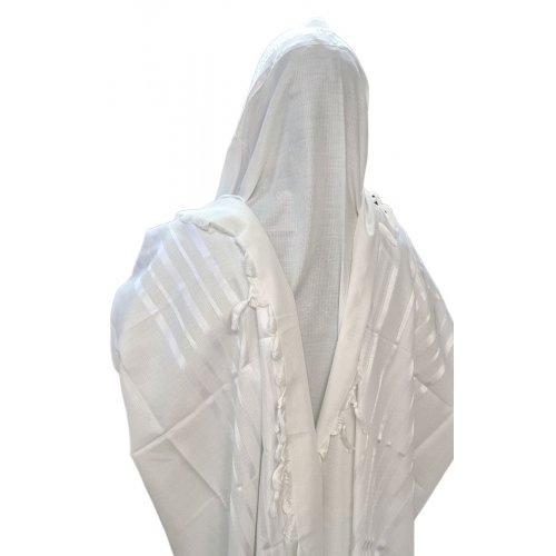 Acrylic Non-Slip Prayer Shawl, Checkerboard Textured Weave – White on White Stripes