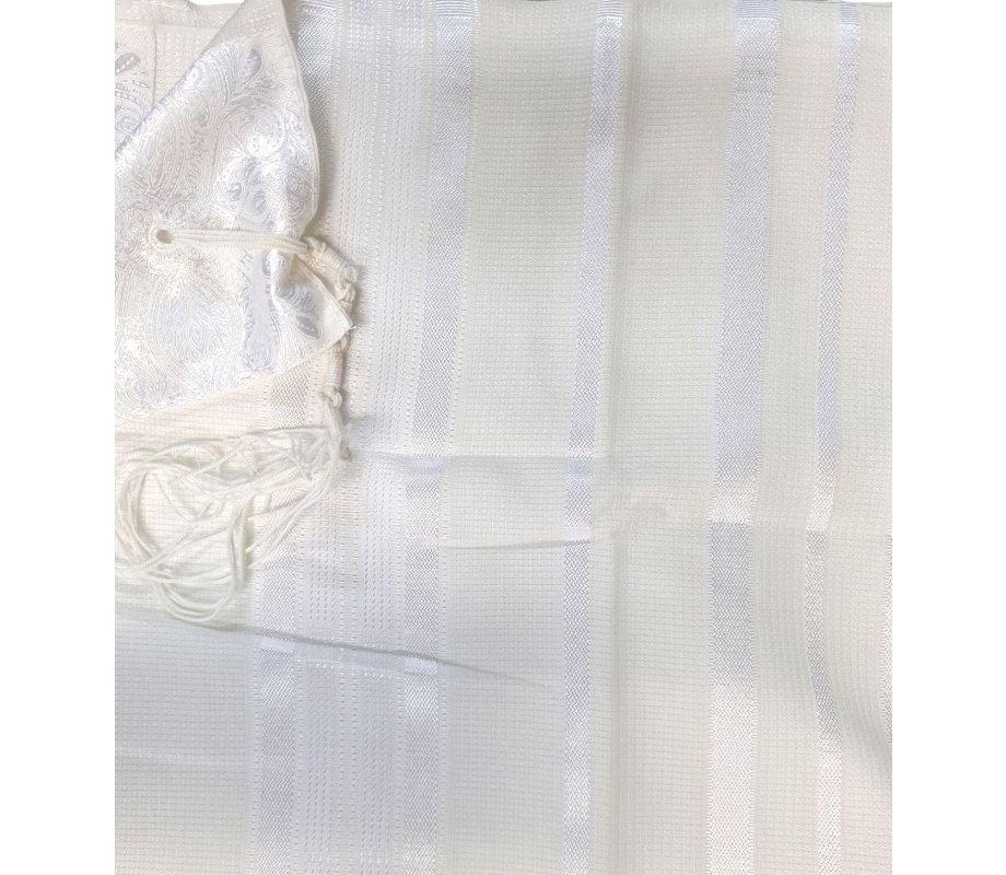 Acrylic Non-Slip Prayer Shawl, Checkerboard Textured Weave – White on White Stripes