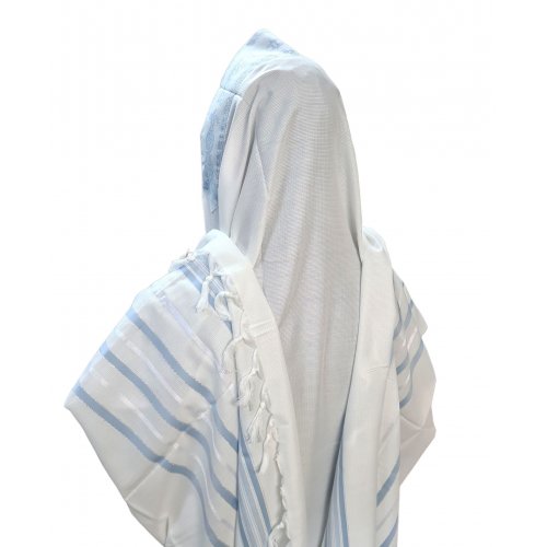 Acrylic Non-Slip Prayer Shawl, Textured Weave – Silver and Sky Blue Stripes