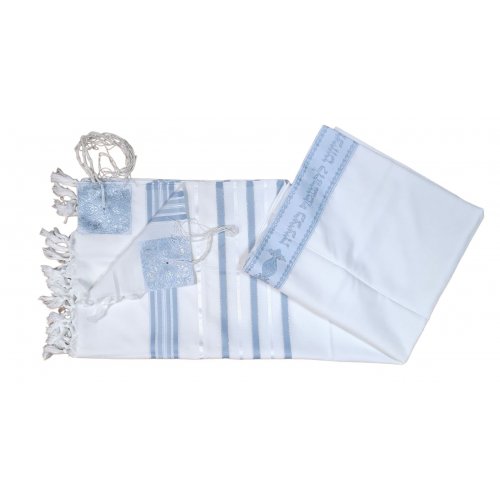 Acrylic Non-Slip Prayer Shawl, Textured Weave  Silver and Sky Blue Stripes