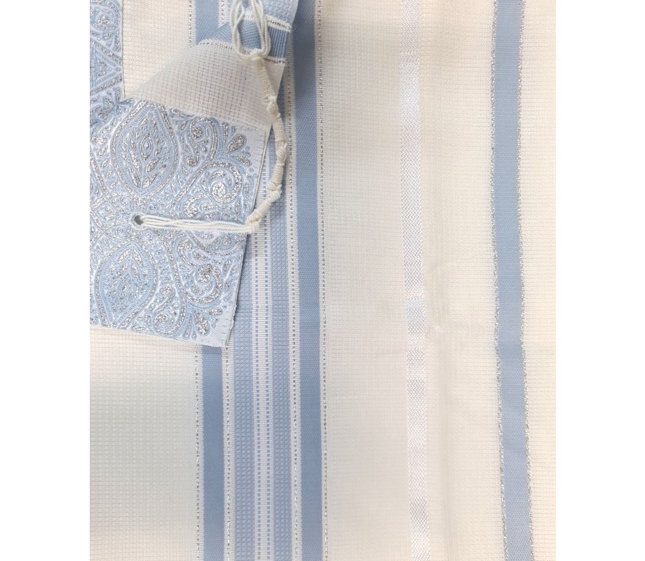 Acrylic Non-Slip Prayer Shawl, Textured Weave  Silver and Sky Blue Stripes