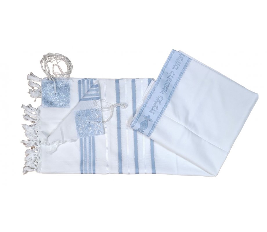 Acrylic Non-Slip Prayer Shawl, Textured Weave Silver and Sky Blue Stripes