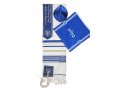 Acrylic Prayer Shawl Set with Menorah and Bible Words, Blue and Gold Stripes  Ateret