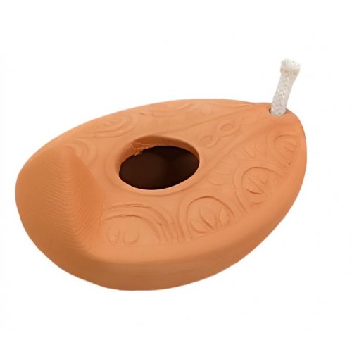 Biblical Style Clay Oil Lamp with Decorative Leaf Engravings