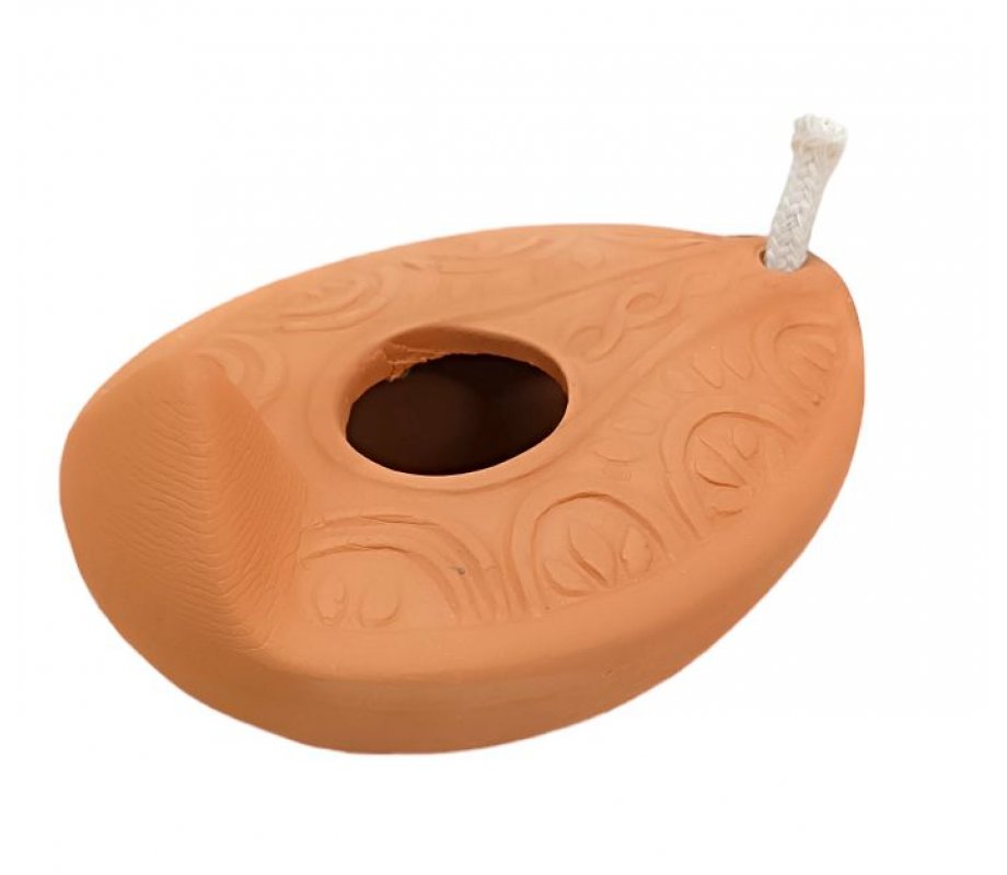 Biblical Style Clay Oil Lamp with Decorative Leaf Engravings