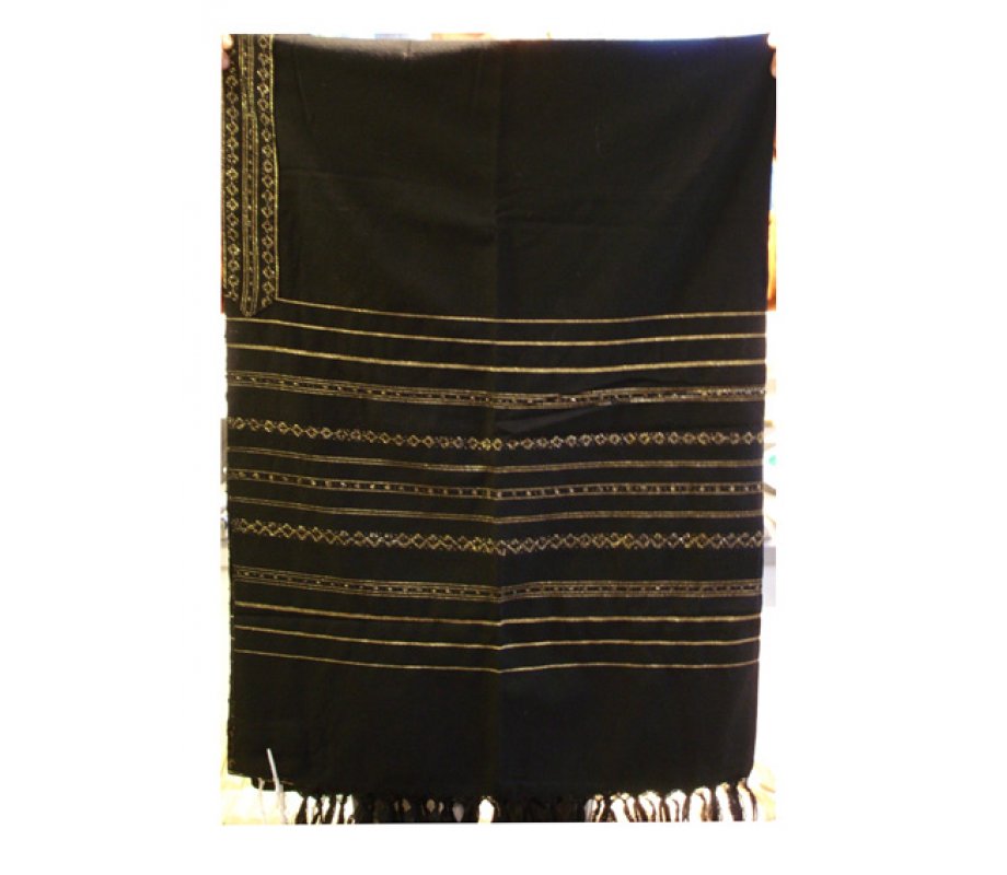 Black with Gold Stripes Wool Handwoven Prayer Shawl Set - Gabrieli