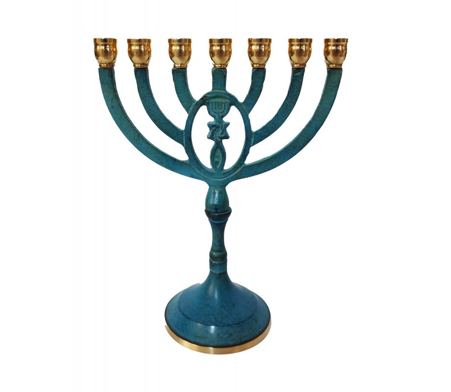 Blue Patina Seven Branch Menorah with Framed Grafted In Design - 8