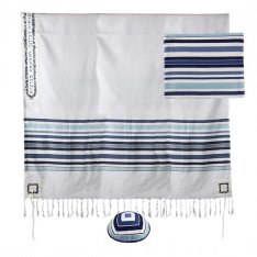 Blue Stripe Jerusalem Neckpiece Cotton Prayer Shawl Set - Yair Emanuel