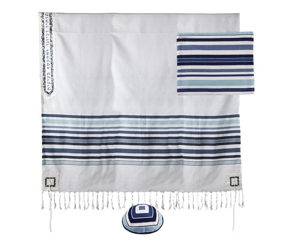 Blue Stripe Jerusalem Neckpiece Cotton Prayer Shawl Set - Yair Emanuel