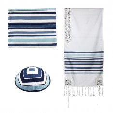 Blue Stripes and Flower Cotton Prayer Shawl Set - Yair Emanuel