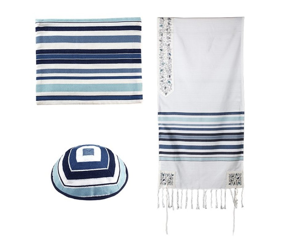 Blue Stripes and Flower Cotton Prayer Shawl Set - Yair Emanuel