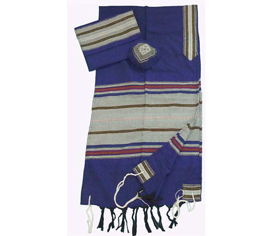 Blue with Colored Stripes Handwoven Cotton Prayer Shawl Tallit Set -  Gabrieli