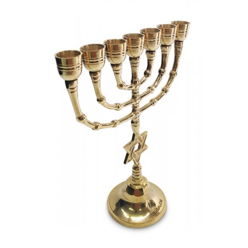 Brass Seven Branch Menorah, Gleaming Gold with Decorative Star of David on Stem - 10