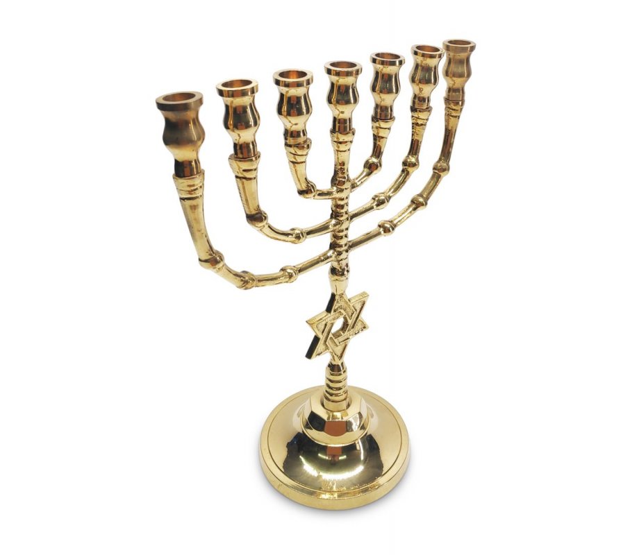 Brass Seven Branch Menorah, Gleaming Gold with Decorative Star of David on Stem - 10