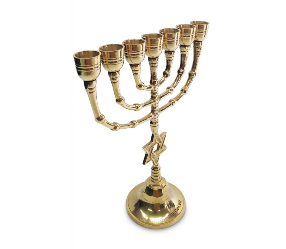Brass Seven Branch Menorah, Gleaming Gold with Decorative Star of David on Stem - 10
