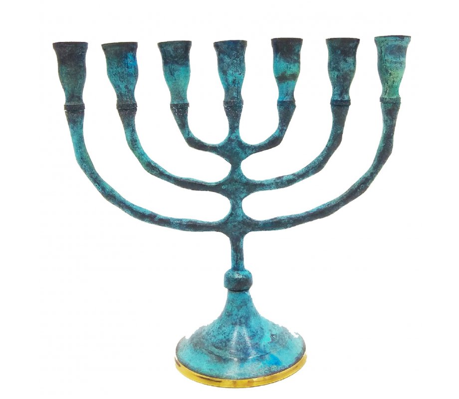 Brass Seven Branch Menorah with Shades of Blue Patina Enamel – 6.5