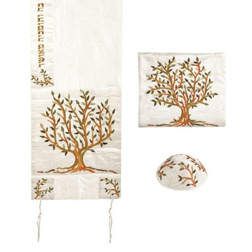 Brown and Green Embroidered Tree of Life Polysilk Prayer Shawl Set - Yair Emanuel
