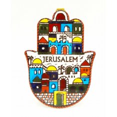 Ceramic Wall Hamsa Plaque with Colorful Images of Old City Jerusalem