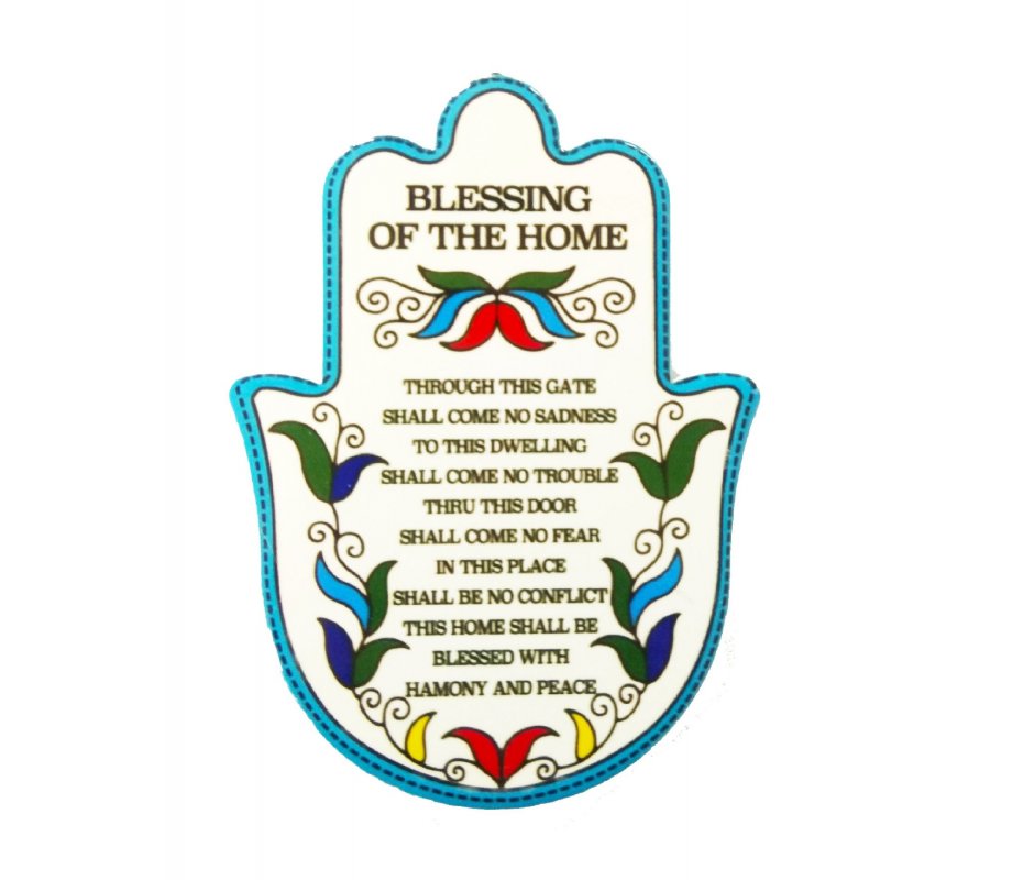 Ceramic Wall Hamsa with Colorful Flowers and Leaves - English Home Blessing
