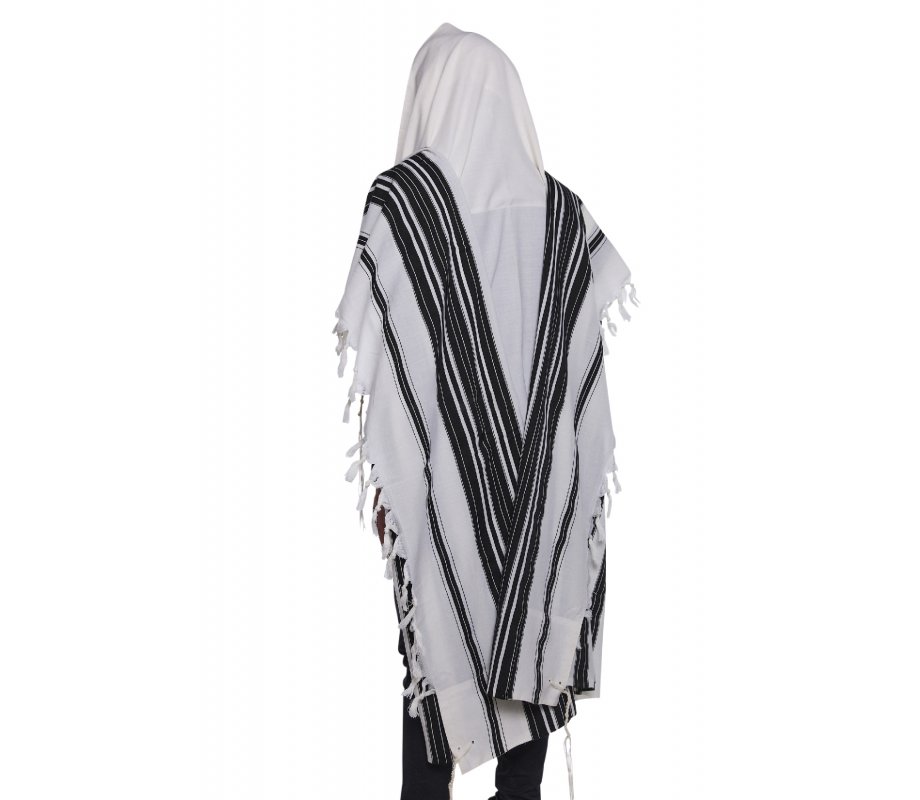 Chabad Wool Non Slip Prayer Shawl - Black Stripes and Standard Tzitzit in Corners (Default