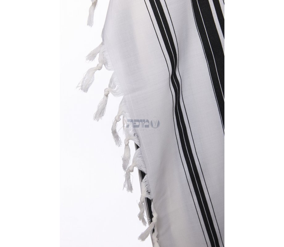 Chabad Wool Non Slip Prayer Shawl - Black Stripes and Thin Handmade Fringes in Corners
