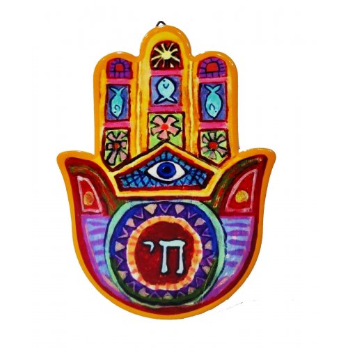 Colorful Hamsa Plaque with Chai, Eye & Fish Motifs – Wall Plaque or Table Stand