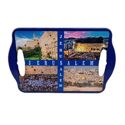 Colorful Serving Tray Displaying Four Famous Tourist Sites in Jerusalem