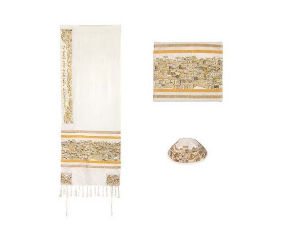 Cotton Embroidered Prayer Shawl Set, Jerusalem in Gold and Silver - Yair Emanuel