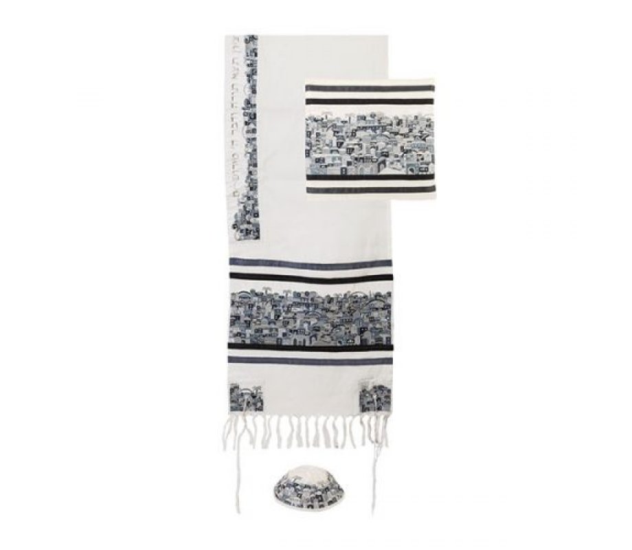 Cotton Embroidered Prayer Shawl Set, Jerusalem in Gray - Yair Emanuel